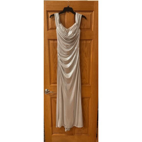 Betsy & Adam Champagne Glitter Knit Off-Shoulder Gown - 4 - Picture 5 of 7